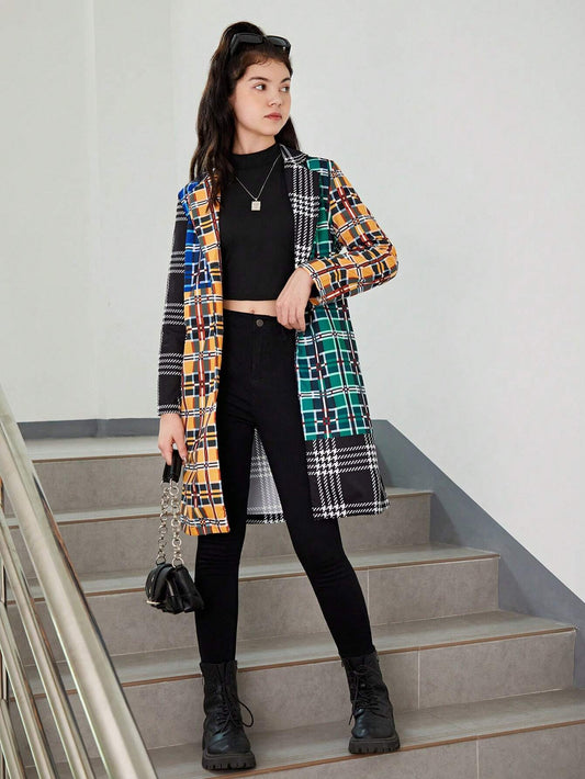 Coat with Lapel Neckline featuring Plaid Print, Designed for Teenage Girls.