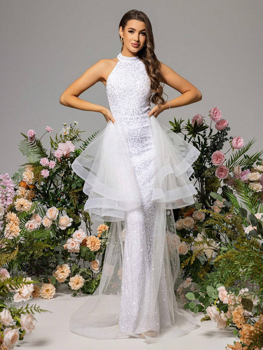 White Net-Yarn Splice Halter Neck Wedding Dress by LOVE&LEMONADE.