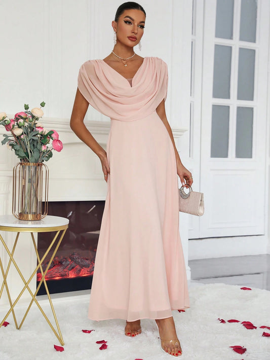 Dress with Double Layered Chiffon, Deep V-Neck, and Cowl Collar.