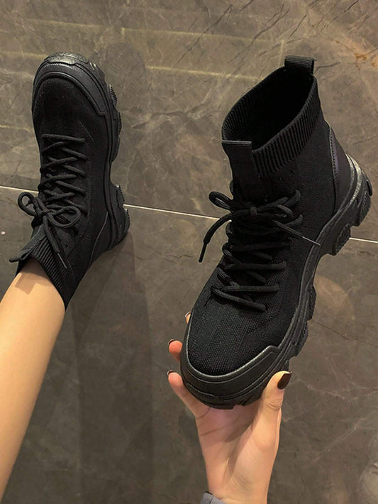 High-Top Knit Lace-Up Front Sneakers for Women