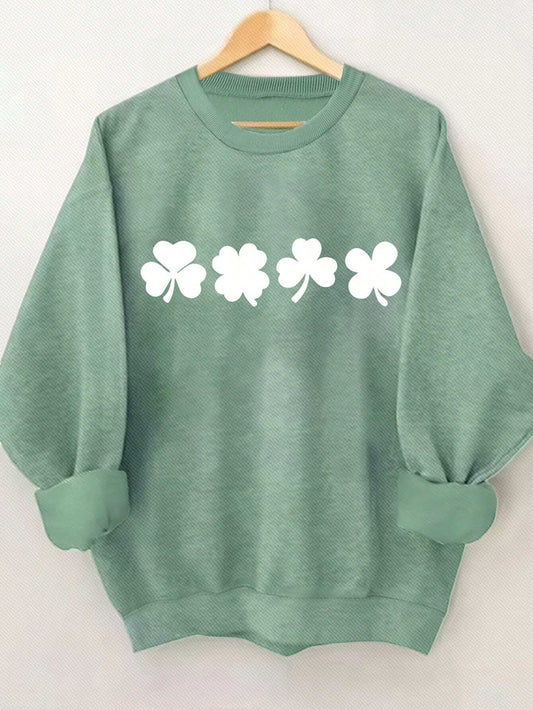 Clover Graphic Round Neck Long Sleeve Sweatshirt, Suitable for Leisure and St. Patrick's Day.