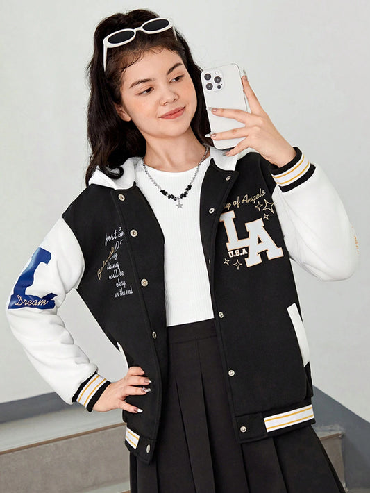 Hooded Jacket for Teenage Girls with Slogan Graphic, Striped Trim, and Colorblock Design, featuring Drop Shoulders.