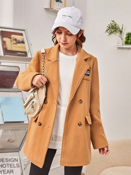 Overcoat for Teenage Girls with Double Breasted Design and Letter Patches.