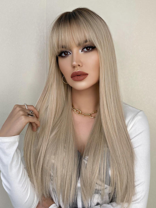 Ombre Blonde Wig with Dark Roots: Champagne Golden Loose Long Straight Wig with Bangs for Women. Natural-Looking Synthetic Heat-Resistant Fiber. Suitable for Daily Wear, Parties, and Cosplay. 24 inches