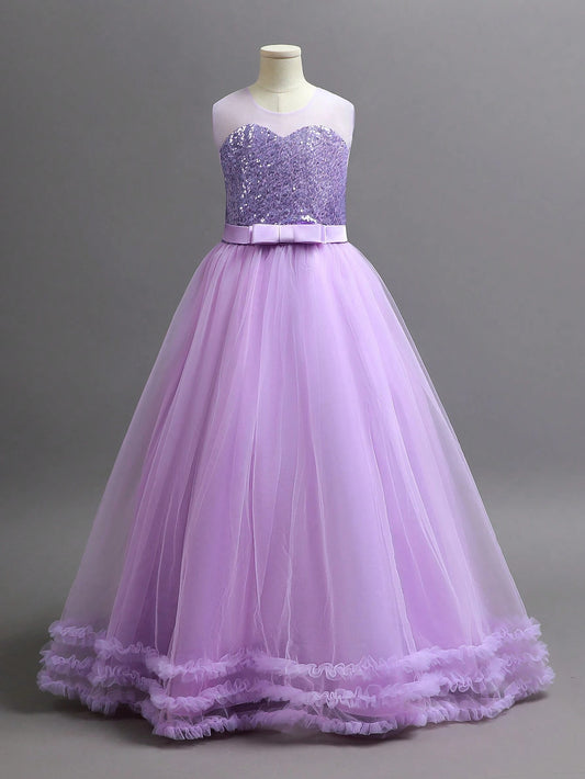 Sleeveless Formal Dress for Teen Girls with Spliced Glitter Tulle.