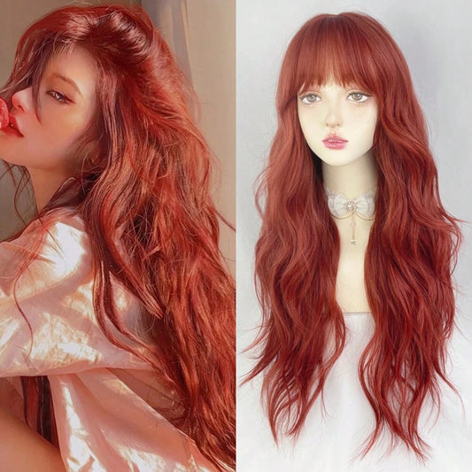 Long Red Wavy Cosplay Wig with Bangs: Synthetic Heat-Resistant Hair for Daily Parties