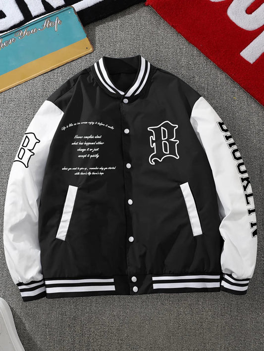 "Manfinity EMRG Men's Varsity Jacket with Loose Fit, Slogan Graphic, and Striped Trim."