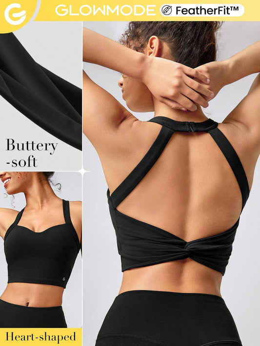 Halter backless sports bra with light support, suitable for low-impact yoga activities. See you around!