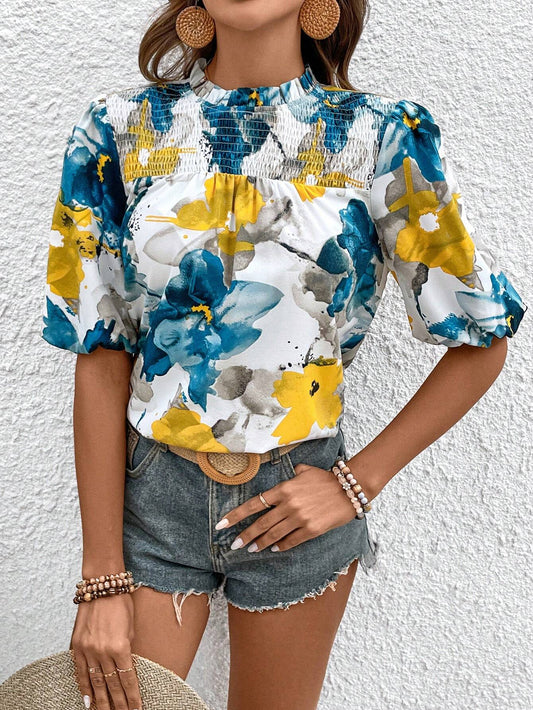 Blouse with Printed Puff Sleeves and Shirred Panel