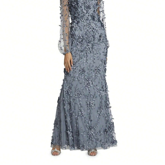 Theia's Floral Applique Illusion Sleeve Gown in Grey/Blue by THEIA.