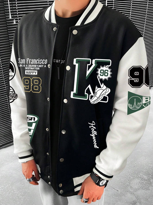 "Manfinity EMRG Men's Varsity Jacket with Letter Graphic and Two-Tone Design, Tee Not Included."