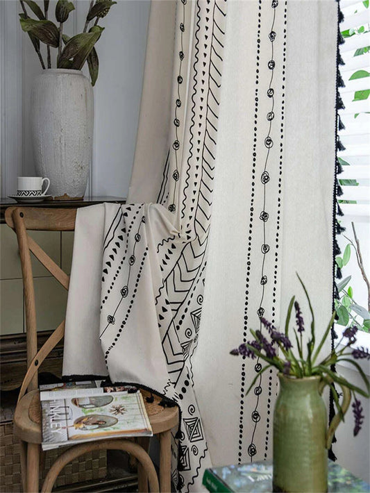 Geometric Pattern Printed Curtain with Bohemian Style Tassel Detail, Suitable for Various Spaces