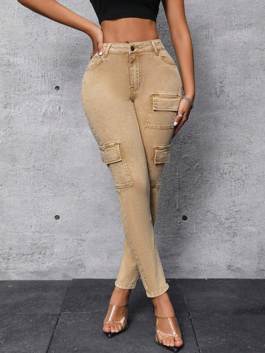 Slim Fit Cargo Denim Trousers for Women