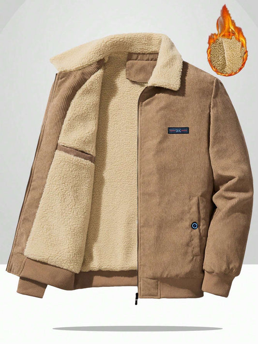 "Manfinity Homme Men's Loose Fit Corduroy Jacket with Letter Patchwork Detail and Teddy Lining."