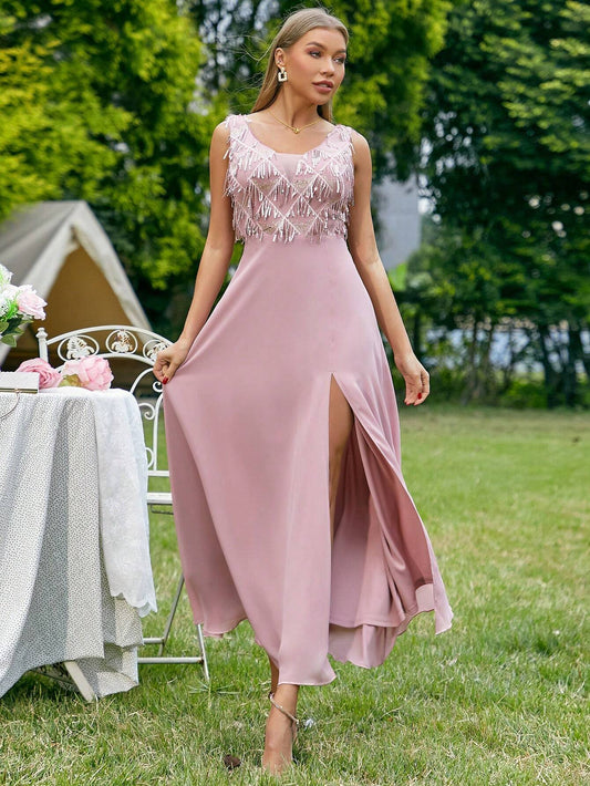 Sleeveless Bridesmaid Dress for Women featuring Sparkly Sequin Patchwork, Fringe, and a Slit Hem.