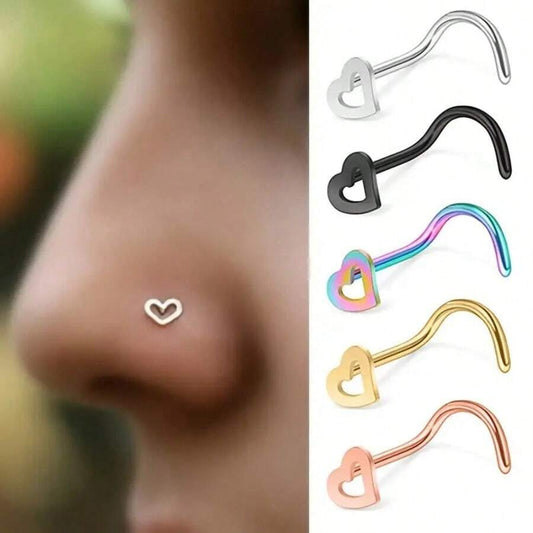 Set of 5 Hollow Heart-Shaped Nose Studs: Stainless Steel Nose Ring Screw Studs, Body Jewelry for Women and Men