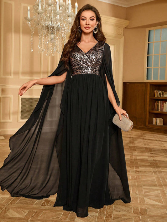 Formal chiffon dress with a sparkly sequined cape sleeve, presented by LUNE.