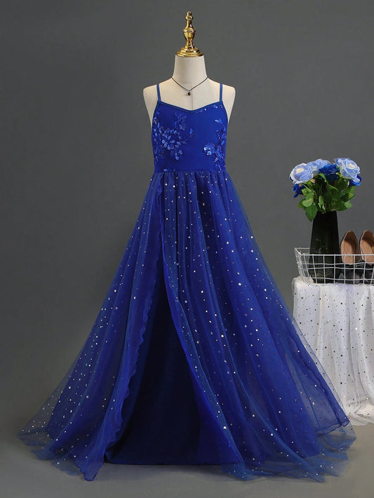 Beaded Embroidery Slit Halter Evening Dress for Girls, suitable for performances, weddings, evening parties, and birthday parties.