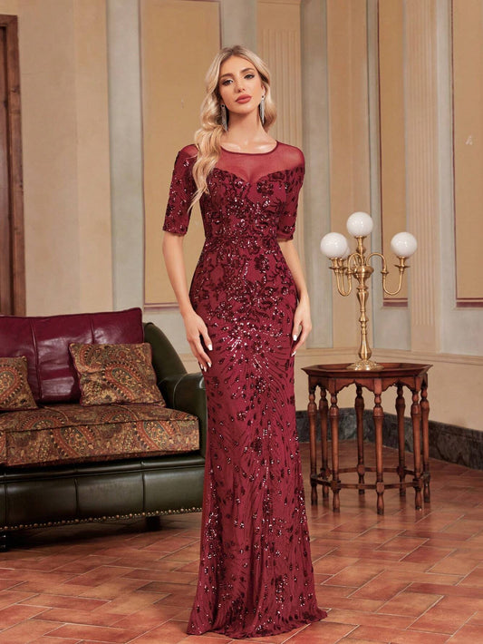 Evening Party Prom Dress with Sequined Mesh Fabric.