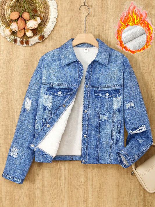 Fleece Lined Denim Jacket for Teenage Girls, Providing Winter Warmth with an Open Front and Turn Down Collar Design.