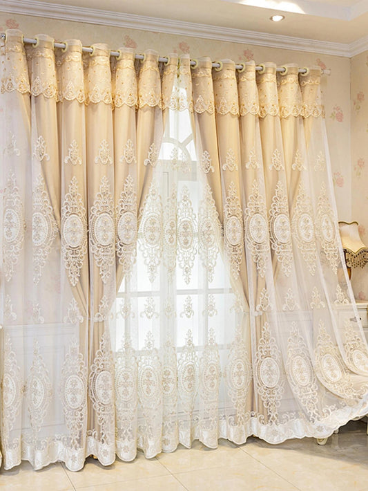 Flower Embroidery Curtain: Modern Polyester Blackout Curtain with Faux Pearl Decor