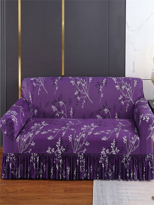 1-piece Elastic Sofa Cover in Purple Floral Print, Knitted from Milk Silk, Suitable for 1-seat, 2-seat, 3-seat, and 4-seat Sofas in the Living Room.