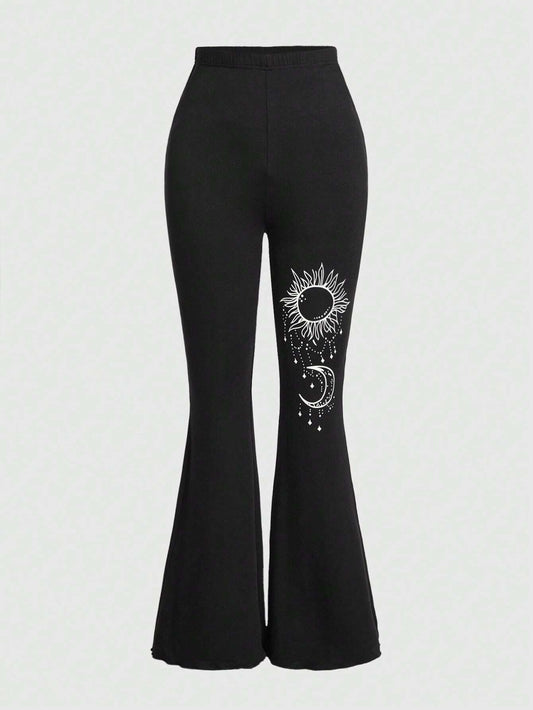 Flare Leg Pants with Hippie Sun and Moon Graphic
