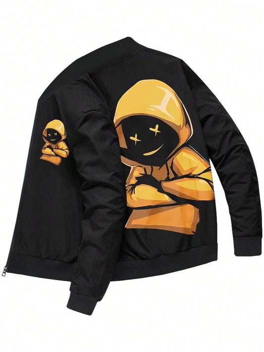 Men's bomber jacket featuring cartoon graphics and a zip-up design.