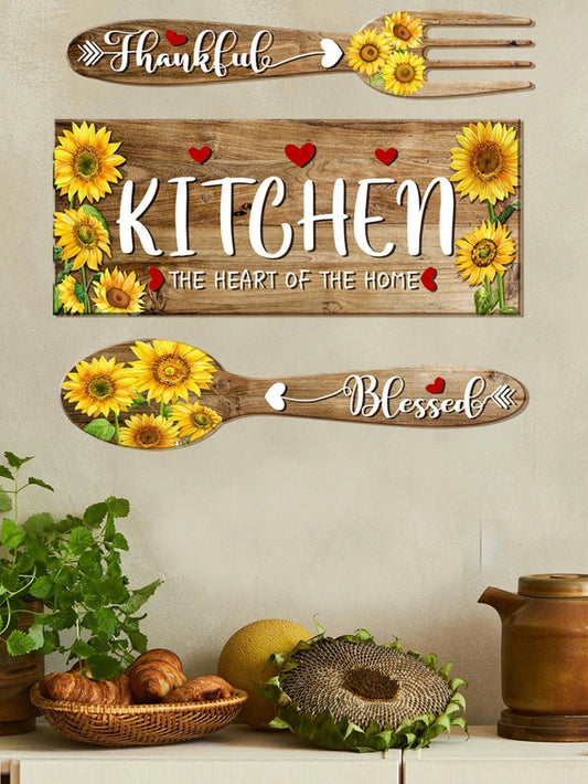 Set of Sunflower and Slogan Graphic Kitchen Stickers: Modern Kitchen Wall Decals with Spoon and Fork Prints for Household Use