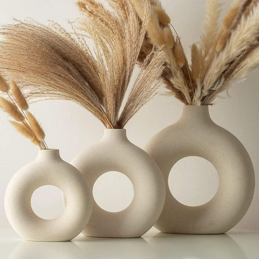 Set of 3 Ceramic Donut Vases for Modern Boho Decor, Matte Round Pampas Flower Vases in Minimalist Nordic Boho Ins Style