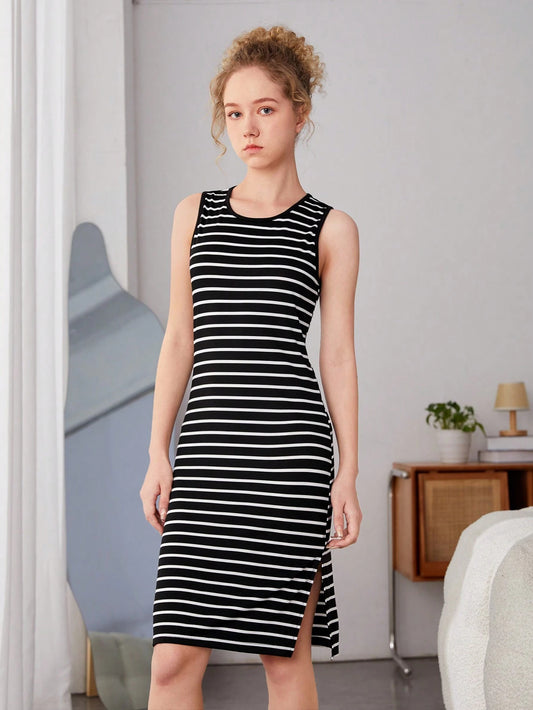 Casual tank dress with a basic striped design, split-back style, and college-inspired look, suitable for teenage girls.