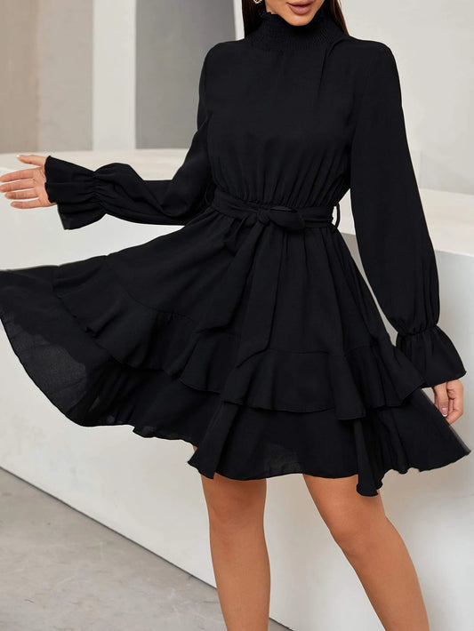 "Frenchy Ruffle Hem Belted Dress with Flounce Sleeves and Shirred Neck"