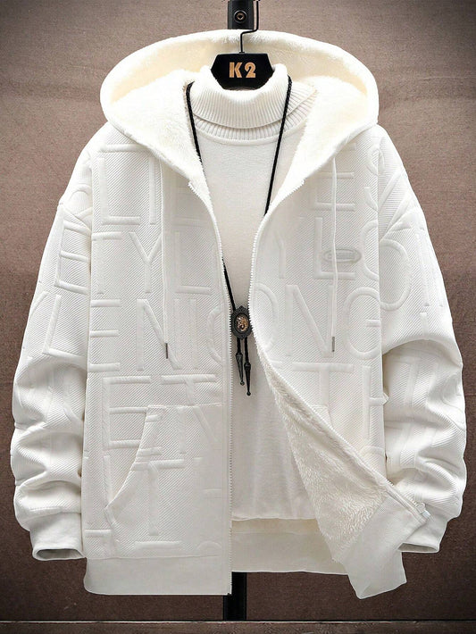 "Men's Hooded Jacket with Letter Embossing and Drop Shoulder, Sweater Not Included."