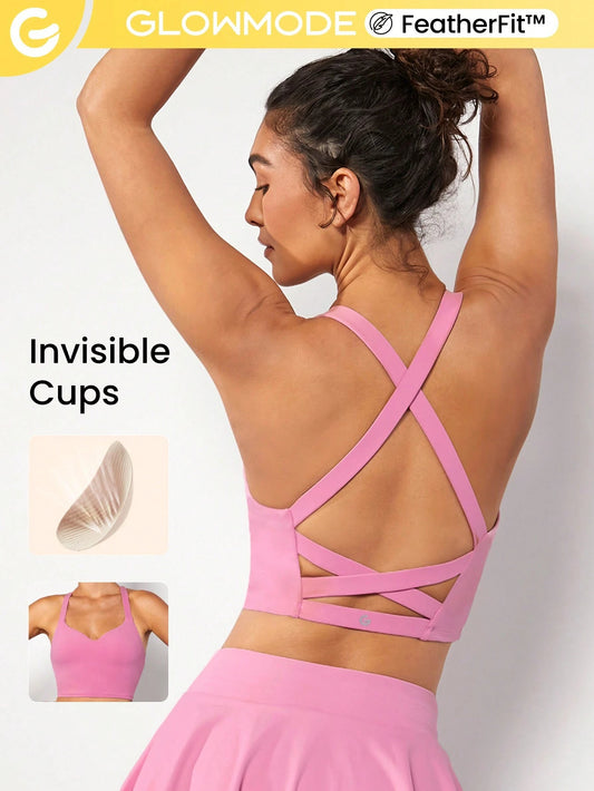 Sports bra with a sweetheart neckline and wide crisscross back straps.