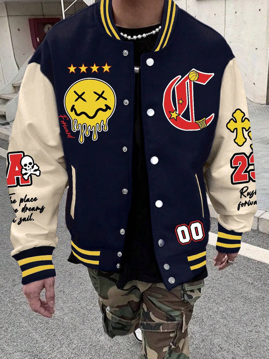 "Manfinity EMRG Men's Oversized Varsity Jacket with Cartoon and Letter Graphics, Striped Trim, and Color Block Design."
