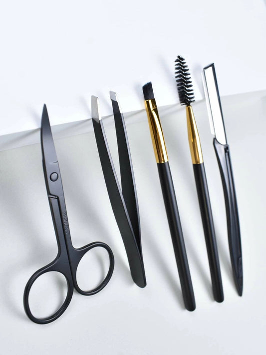 5-in-1 Professional Eyebrow Grooming Set: Includes Eyebrow Razor, Trimmer, Brush, Scissors, and Slant Tweezers. Ideal for both Women and Men. Perfect for precise eyebrow care.