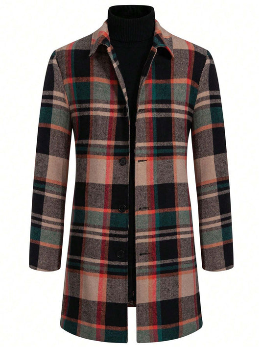 "Manfinity Homme Men's Loose Plaid Print Button-Front Coat, Sweater Not Included."