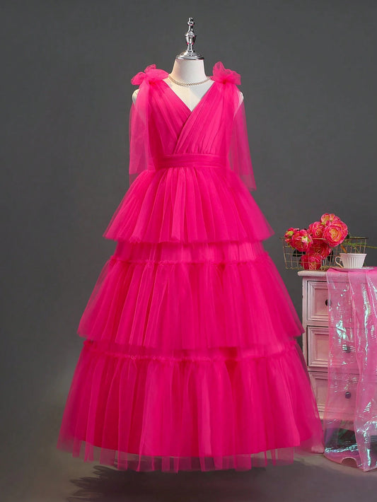 Dress for Tween Girls featuring a large bowknot, perfect for elegant occasions such as performances, weddings, parties, birthday parties, and evening events.