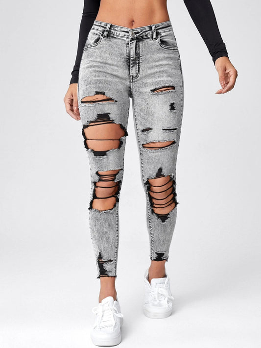 Skinny Jeans with Cut-Outs, Rips, and Raw Hem