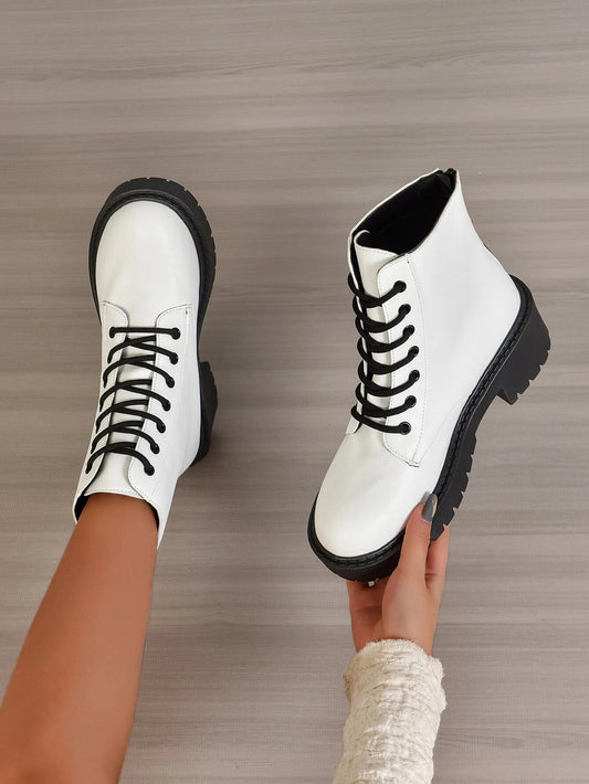 Women's Fashionable Combat Boots with Zipper Back and Lace-up Front, featuring Chunky Heels in Solid White Color.