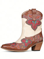 Cowgirl Boots for Women with Pointed Toe, Block Chunky Heels, and Embroidered Flower Detailing, designed for Wide Calf and featuring an Ankle-Length Style.