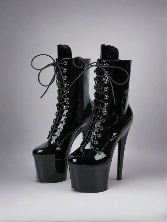 Women's Low-cut Boots with 17cm High Heels, featuring Lace-Up Design, Patent Leather, and Platform, in a Nightclub Sexy Style.