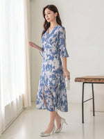 Allover Print Dress with Flounce Sleeves and Split Thigh by DAZY