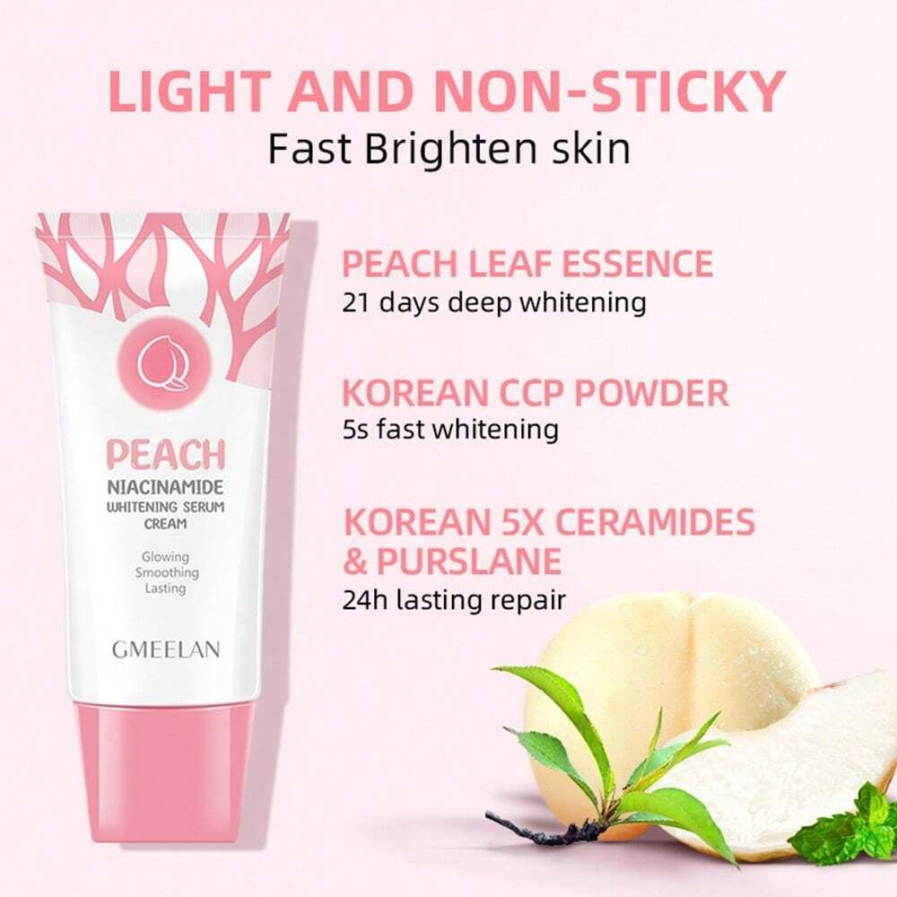 Peach & Niacinamide Face Cream: Super moisturizing, brightening, and hydrating with natural fruit extracts. Each pack contains 50g.