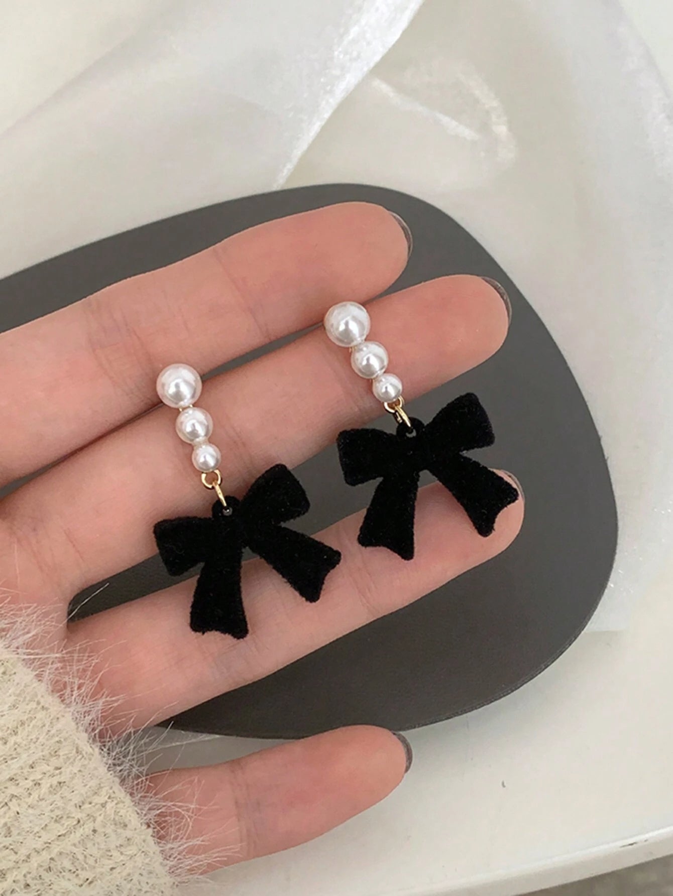 Pair of Minimalist Bow, Pearl, and Plush Stylish Unique Earrings.