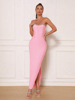 Modphy Women's Sexy Pink Strapless Bandage Dress with Split and Rhinestone Detailing, Perfect for Parties and Formal Occasions.