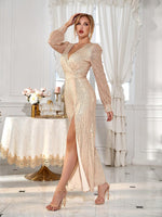 Slim-Fit Party Jumpsuit with Shiny Glittery Fabric, Deep V-Neck, High Slit, and Long Sleeves by D&M.