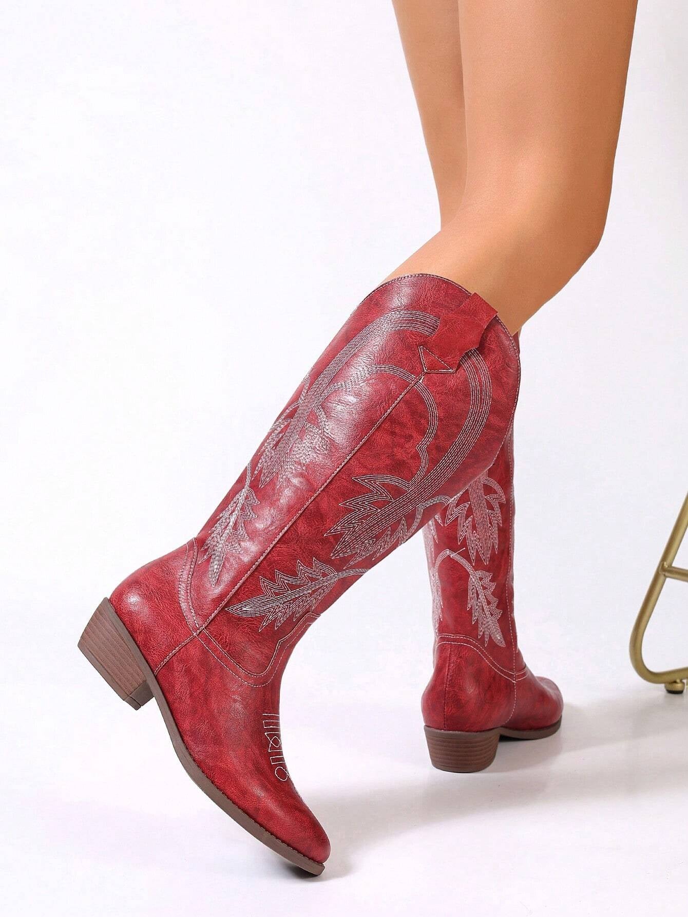 New Style Mid-Calf Women's Boots with Random White Embroidered Flower Pattern and Red Irregular Lines, Chunky Heel, and Round Toe, offering Vers