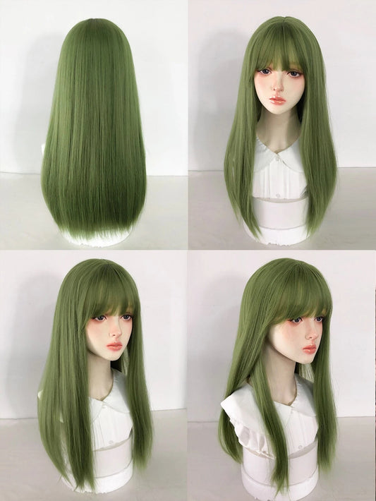 1 piece of 24-inch long green synthetic heat-resistant straight hair wig. Made of fiber, suitable for daily use. Provides a natural and realistic look.