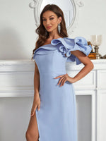 One-Shoulder Dress with Ruffle Trim and Thigh Split - Belle